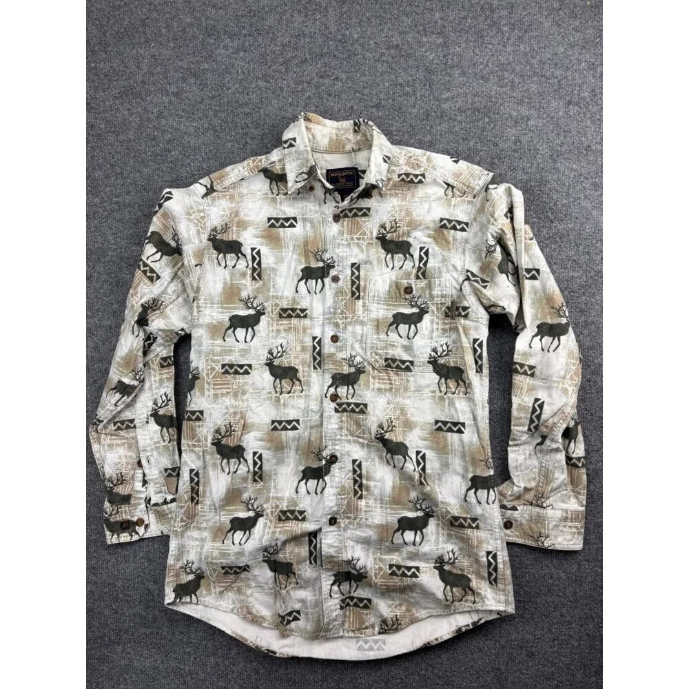 Woolrich Button Down Shirt Men's Medium White Brown Elk Print Long Sleeve Pocket